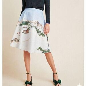 Anthropologie Corey Lynn Carter Wonderland A-Line Midi Skirt Winter Snow Scene